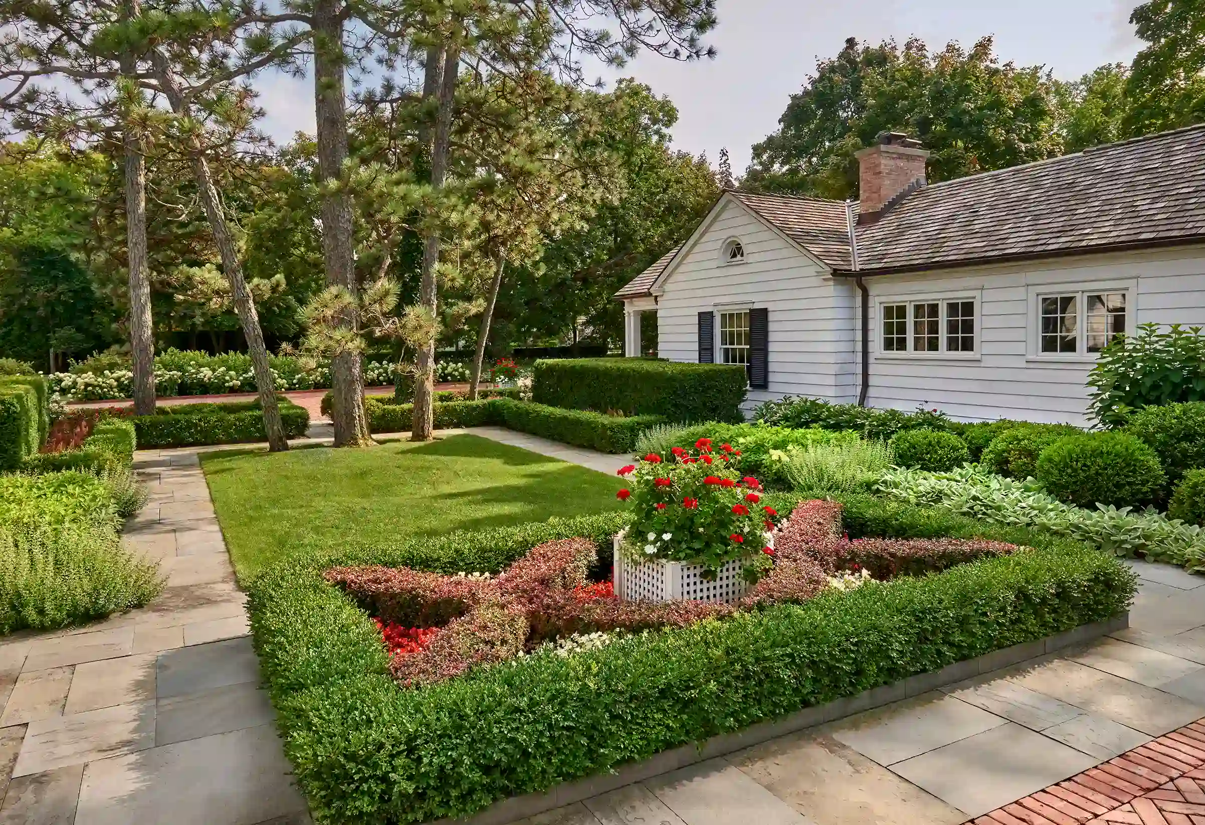 Manicured garden with geometric hedges, red and white flowers, a lush lawn, and a white single-story house in the background.